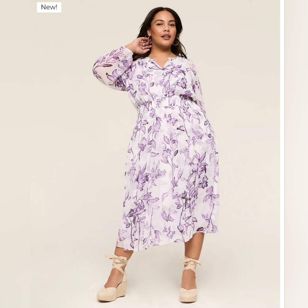 Long-Sleeve Smocked-Waist Maxi Dress Purple Lavender Floral Plus Size 24 NWT!